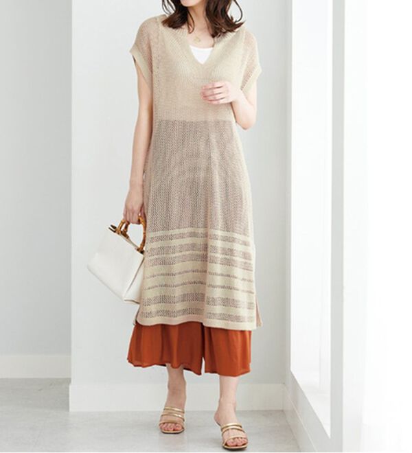 BELLUNA（ベルーナ）の「麻調ニット素材透かし編ロングベスト（ベスト）」｜詳細画像