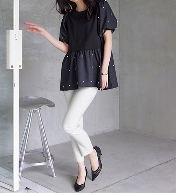 RANAN（ラナン）の「ひんやり！パール調ビーズ使いボリューム袖プルオーバー（カットソー）」｜詳細画像