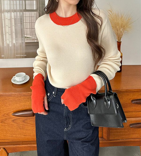 GeeRA（ジーラ）の「指穴配色デザイン柔らかリブニット（ニット・セーター）」｜詳細画像