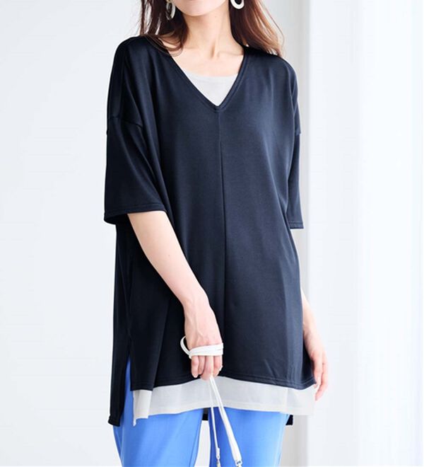 RANAN（ラナン）の「レイヤード風ニットソー半袖チュニック（チュニック）」｜詳細画像