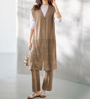 BELLUNA（ベルーナ）の「麻タッチ素材透かし編ニットセットアップ（セットアップ）」｜詳細画像