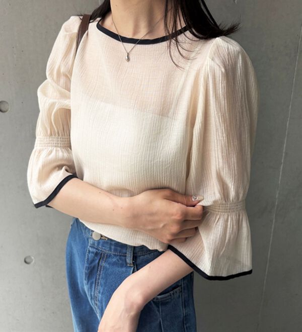 GeeRA（ジーラ）の「前後２ＷＡＹ配色パイピング５分袖ブラウス（ブラウス）」｜詳細画像