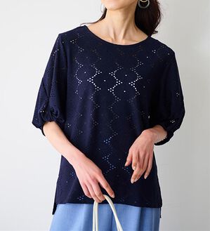 RANAN（ラナン）の「ジャカード素材ボリューム袖プルオーバー（カットソー）」｜ネイビー