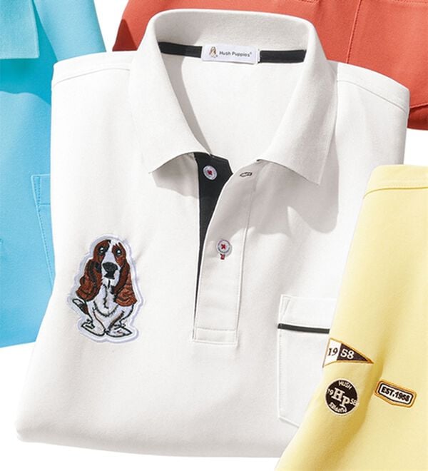 「＜ハッシュパピー＞ワッペン付配色ポロシャツ（メンズポロシャツ）」｜ホワイト