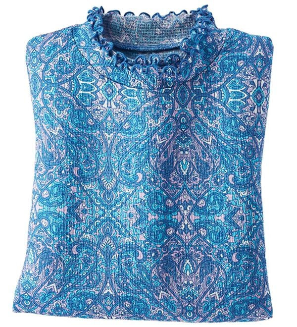 BELLUNA（ベルーナ）の「楊柳素材プリントハイネックプルオーバー（カットソー）」｜ペイズリー柄(ブルー)