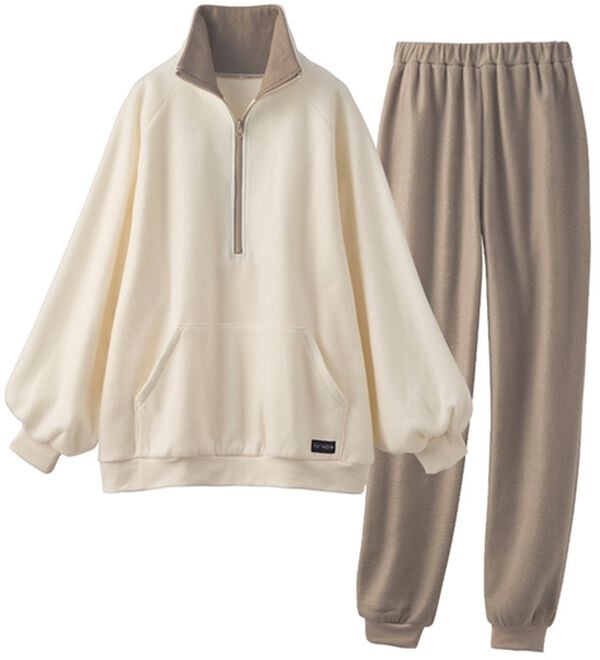 YU'NOW（ユナウ）の「【上下２点セット】かるぽかハーフジップフリースパジャマ＜ルームウェア・セットアップパジャマ＞（パジャマ・ルームウェア）」｜ブラウン系