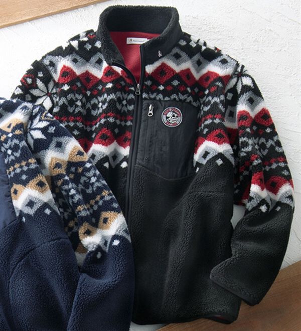 「＜ハッシュパピー＞フェアアイル柄ボアフリースブルゾン（メンズブルゾン）」｜ブラック