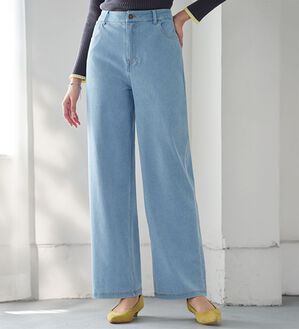 BELLUNA（ベルーナ）の「ぐん伸びニットデニムワイドパンツ（フルレングスパンツ）」｜サックス