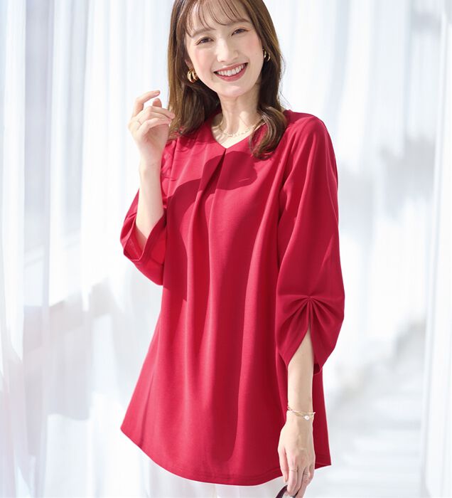 manon チュニックブラウス フレンチスリーブ レッド 0サイズ トップス