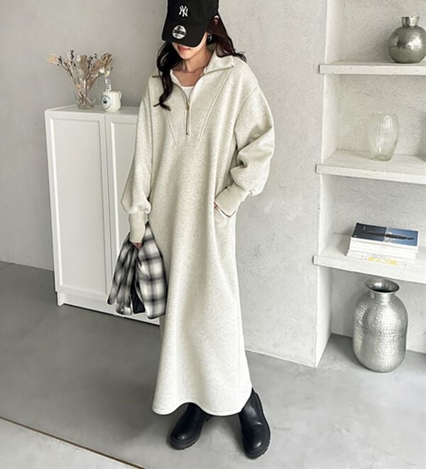 GeeRA（ジーラ）の「ハーフジップハイネック裏起毛ワンピース（カットソーワンピース）」｜詳細画像