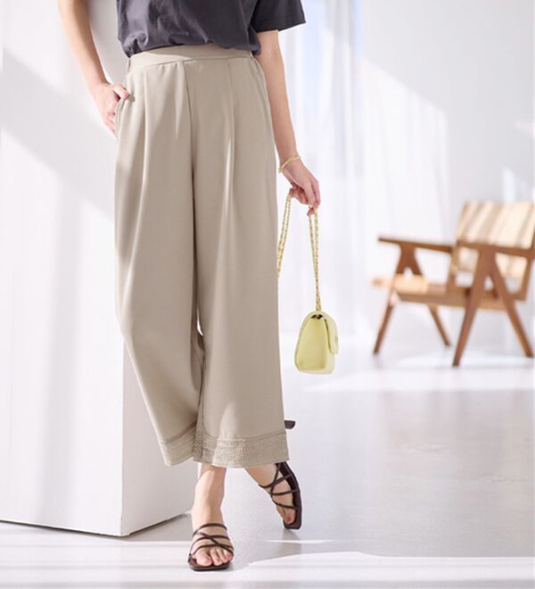 alotta（アロッタ）の「【４つの機能付】ひんやり裾レース楽ちんストレートパンツ（ワイドパンツ・ガウチョ）」｜詳細画像