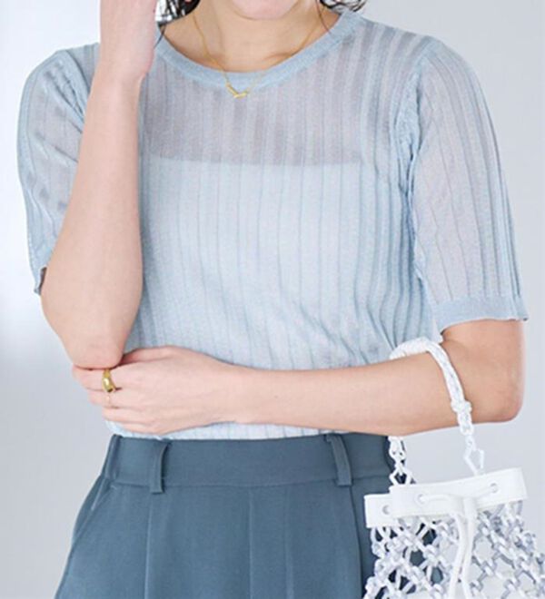 RANAN（ラナン）の「5分袖シアーラメリブニット（ニット・セーター）」｜詳細画像