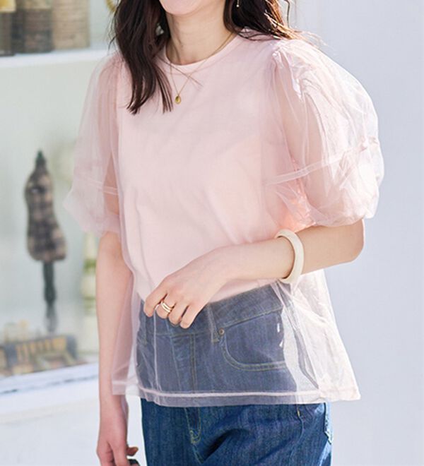RANAN（ラナン）の「【ひんやり】チュールレイヤードパフスリーブTシャツ（カットソー）」｜詳細画像