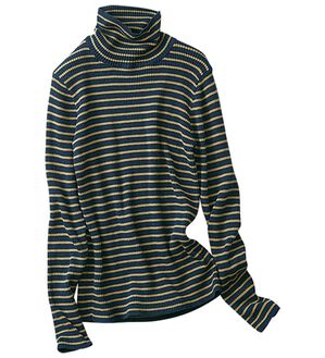 BELLUNA（ベルーナ）の「＜＆ｃｏｃｏｃｈｉ＞ハピネスコットン１００％×吸湿発熱リブタートルニット（ニット・セーター）」｜ネイビー×ベージュ