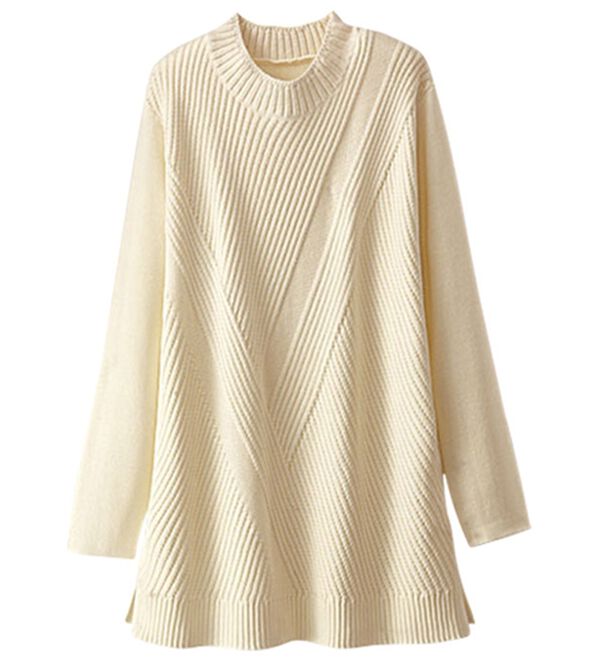 BELLUNA（ベルーナ）の「ハイネックデザイン編地切替ニットチュニック（チュニック）」｜アイボリー