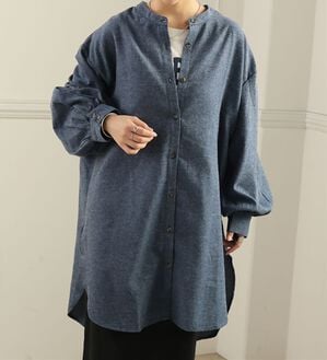 A HAPPY MARILYN（アハッピーマリリン）の「【ＬＬ～８Ｌ】フランネルバンドカラー裾ラウンドチェックチュニック（チュニックワンピース）」｜デニムネイビー