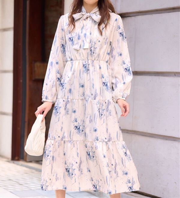 コルコバード♡2way ロングワンピース ベルトリボン ボウタイ 花柄 パープル 1枚で決まる】2WAYボウタイ付ワンピース - ベルーナ【公式】