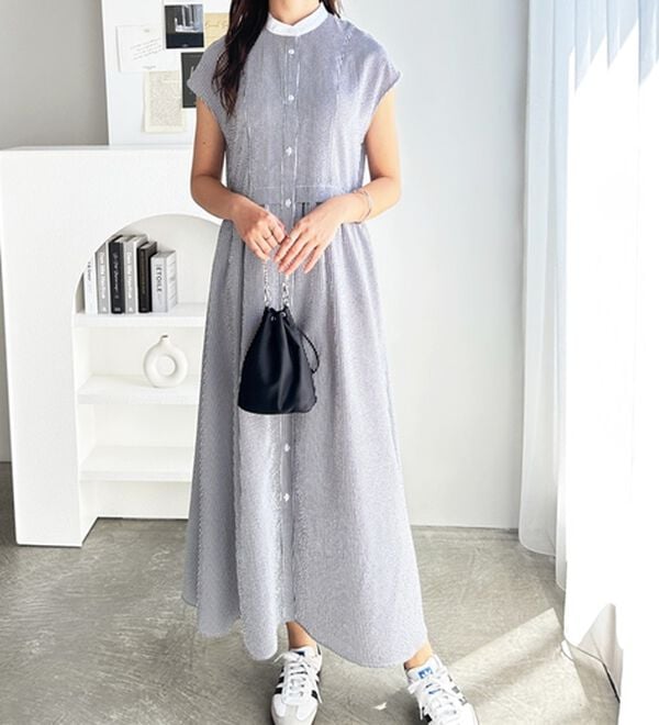 GeeRA（ジーラ）の「クレリック配色ウエストギャザーシャツワンピ―ス（シャツワンピース）」｜詳細画像