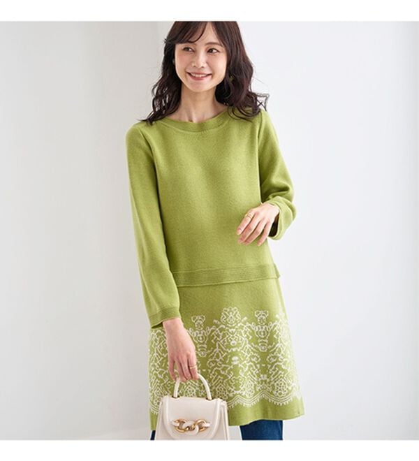 BELLUNA（ベルーナ）の「レース柄ジャカード切替ニットチュニック（チュニック）」｜詳細画像