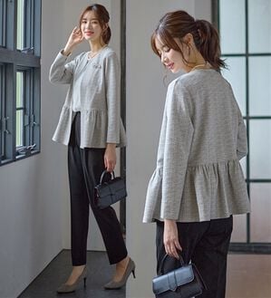 GeeRA（ジーラ）の「【２点セット】ニットツイードペプラムジャケットセットアップスーツ（パンツスーツ）」｜グレー系