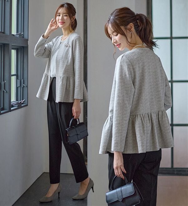 GeeRA（ジーラ）の「【２点セット】ニットツイードペプラムジャケットセットアップスーツ（パンツスーツ）」｜グレー系