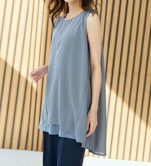 RANAN（ラナン）の「ひんやり！ノースリーブ異素材使いフレアーチュニック（チュニック）」｜ダスティブルー