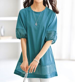 BELLUNA（ベルーナ）の「汗ジミ対策！シアーチェック切替チュニック（チュニック）」｜エメラルドグリーン