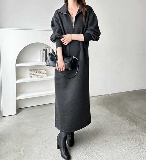 GeeRA（ジーラ）の「ハーフジップハイネック裏起毛ワンピース（カットソーワンピース）」｜詳細画像