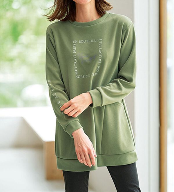 BELLUNA（ベルーナ）の「＜ＥＬＬＥ　Ａｃｔｉｖｅ＞かのこ素材ポケットデザインチュニック（チュニック）」｜オリーブ
