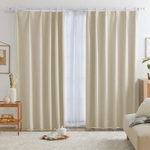 iellio（イエリオ）の「【８日間限定価格】１００％遮光＆防音＆断熱保温ＵＶ見えにくいレース付カーテンセット＜４枚組・遮光１級・無地・洗える・形状記（ドレープカーテン）」｜アイボリー