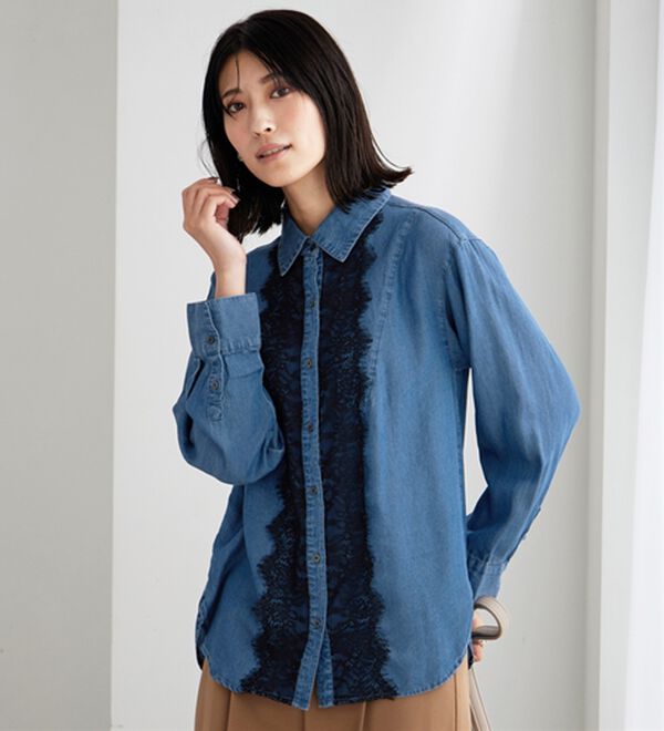 BELLUNA（ベルーナ）の「デニム素材レース使いシャツチュニック（チュニック）」｜詳細画像