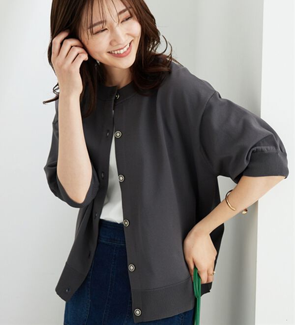 BELLUNA（ベルーナ）の「【快適Ｌａｂ．】洗える！軽い！５分袖ニットカーディガン（ニットカーディガン）」｜チャコール