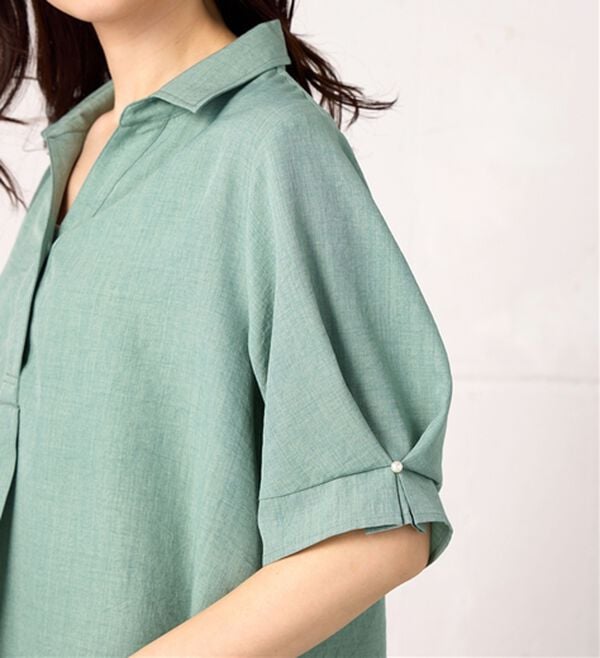 BELLUNA（ベルーナ）の「【接触冷感】麻調素材袖パール付シャツチュニック（チュニック）」｜詳細画像