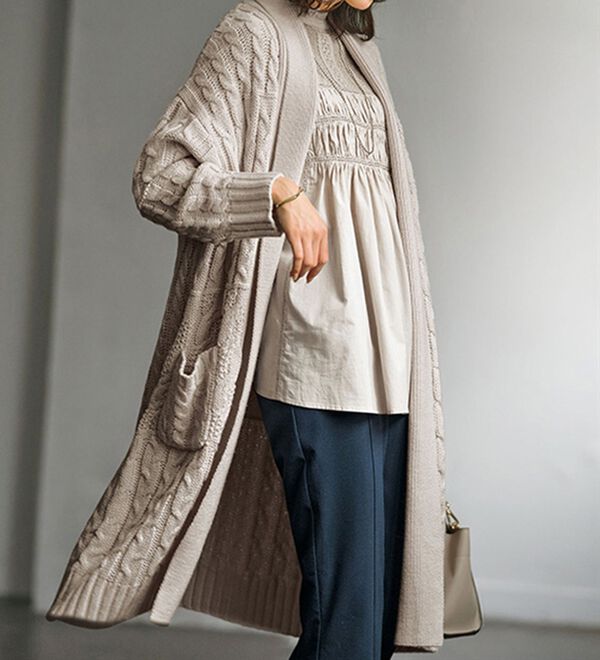 パッチワークケーブル柄ロングカーディガン - ベルーナ【公式】