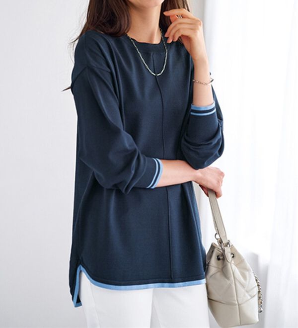 BELLUNA（ベルーナ）の「配色デザインニットプルオーバー（ニット・セーター）」｜ネイビー系