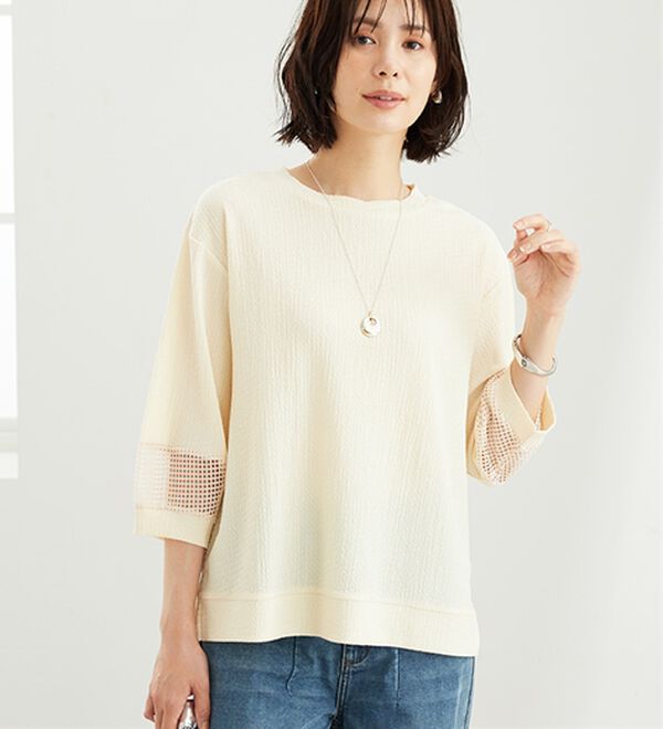 BELLUNA（ベルーナ）の「ジャカード素材袖メッシュレースプルオーバー（カットソー）」｜詳細画像