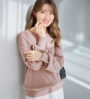 alotta（アロッタ）の「綿１００％のやさしい着心地　ゆったり袖パールトップス（ニット・セーター）」｜ピンク