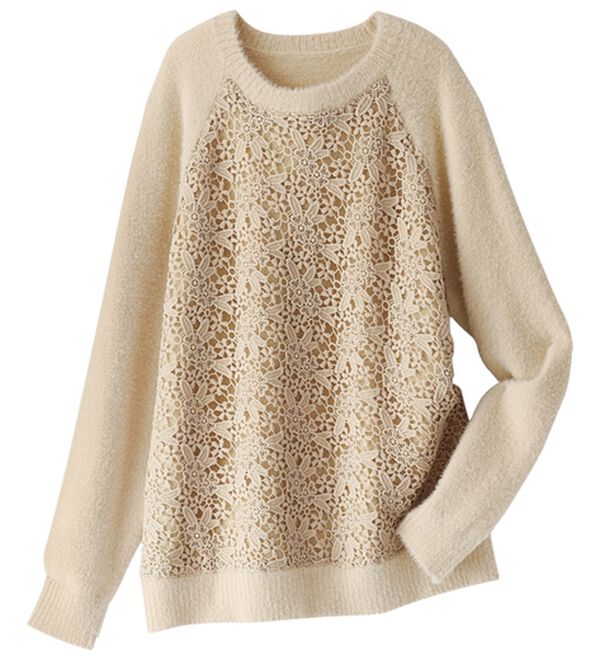 BELLUNA（ベルーナ）の「ふんわり可愛い花柄レースのシャギーセーター（ニット・セーター）」｜ベージュ