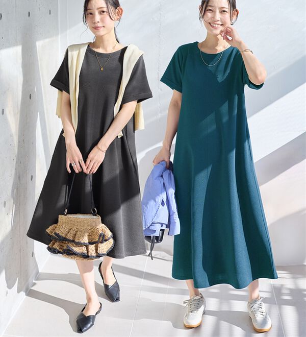 Viola e Viola（ヴィオラ エ ヴィオラ）の「ひんやり＆シワになりにくい　丈が選べる！エンボス素材Ａラインワンピース（カットソーワンピース）」｜詳細画像