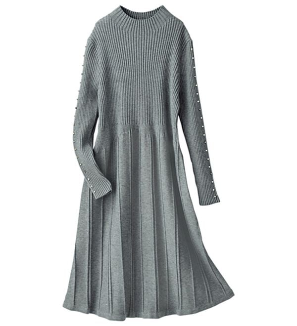 BELLUNA（ベルーナ）の「体型を拾いにくい！ビジュー使いプリーツ風ニットチュニックワンピース（チュニックワンピース）」｜詳細画像