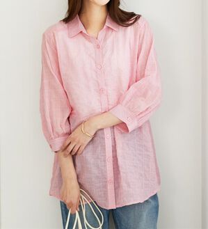 BELLUNA（ベルーナ）の「綿混テンセルぽこぽこシアーシャツチュニック（チュニック）」｜ピンク系ストライプ