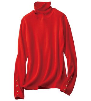 BELLUNA（ベルーナ）の「吸湿発熱綿１００％袖口ボタンリブニット（ニット・セーター）」｜スカーレット