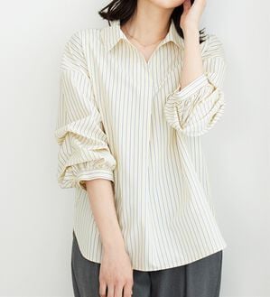 BELLUNA（ベルーナ）の「袖タックデザインスキッパーシャツ（ブラウス）」｜イエローストライプ