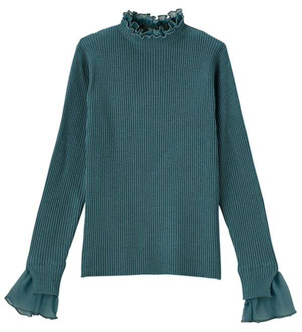 GeeRA（ジーラ）の「シアー付ハイネックリブニットトップス（ニット・セーター）」｜グリーン