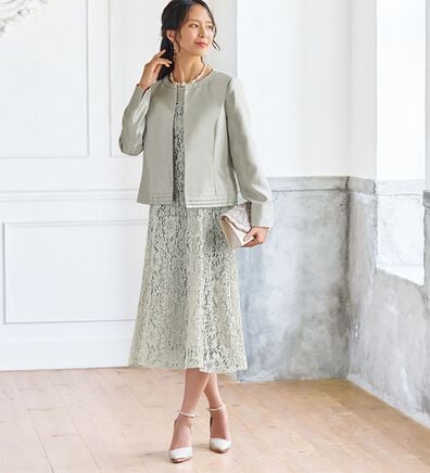 BELLUNA（ベルーナ）の「シャンタン素材ノーカラージャケットレースワンピースアンサンブル（ワンピースセットスーツ）」