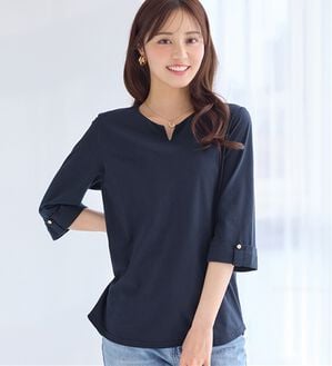 alotta（アロッタ）の「柔らか綿混素材金ボタンデザインＴシャツ（カットソー）」｜ネイビー