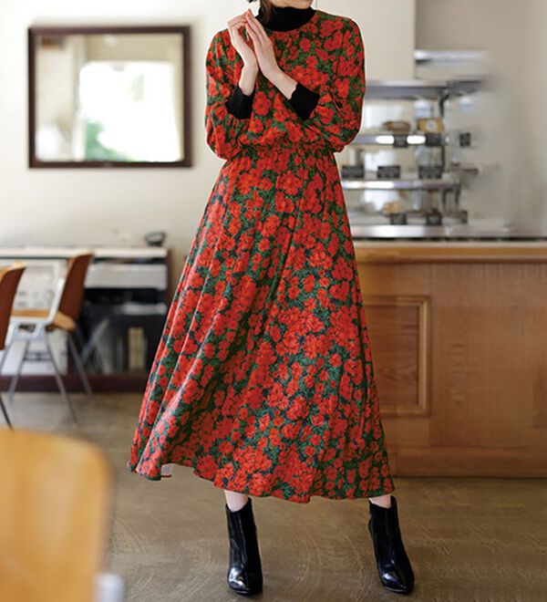 スカラップリブ使い花柄プリントワンピース - ベルーナ【公式】 