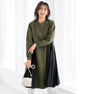 BELLUNA（ベルーナ）の「とろみ素材プリーツ切替ワンピース（その他ワンピース）」｜カーキ&times;黒