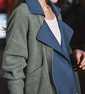 RANAN（ラナン）の「重ね着風デニム切替ニットジャケット（その他ジャケット）」｜インディゴ／グレー