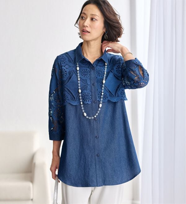 BELLUNA（ベルーナ）の「美しいケミカルレースのデニムシャツ（シャツ）」｜詳細画像